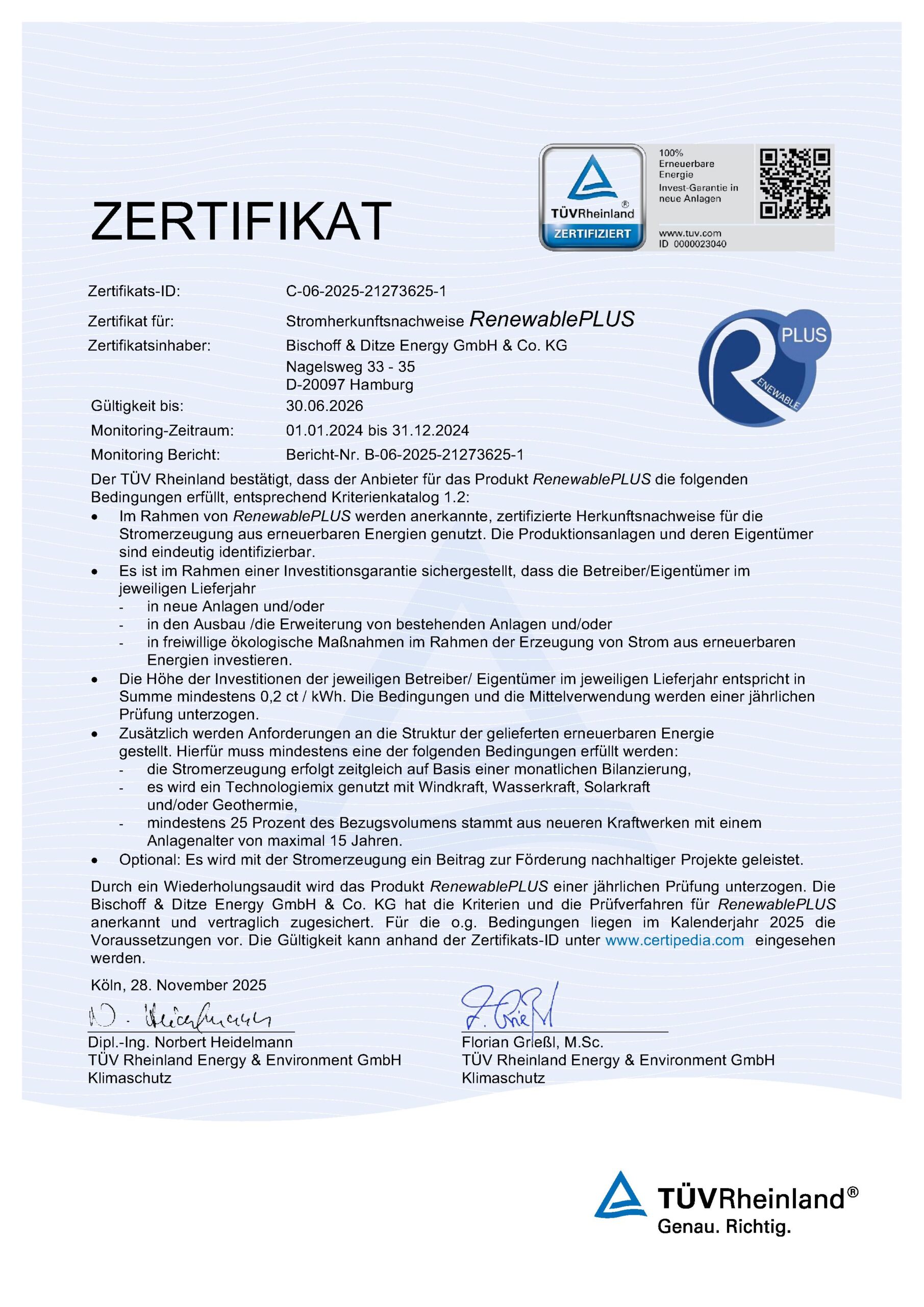 TÜV-Zertifizierungsurkunde RenewablePLUS 2025