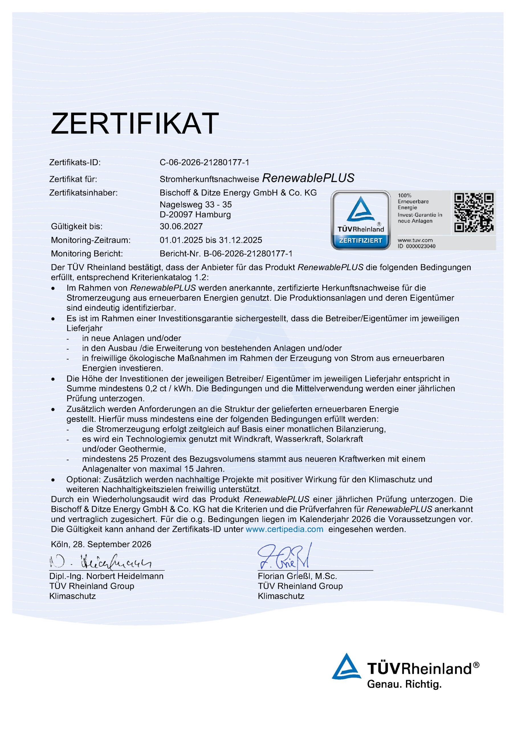 TÜV-Zertifizierungsurkunde RenewablePLUS 2026